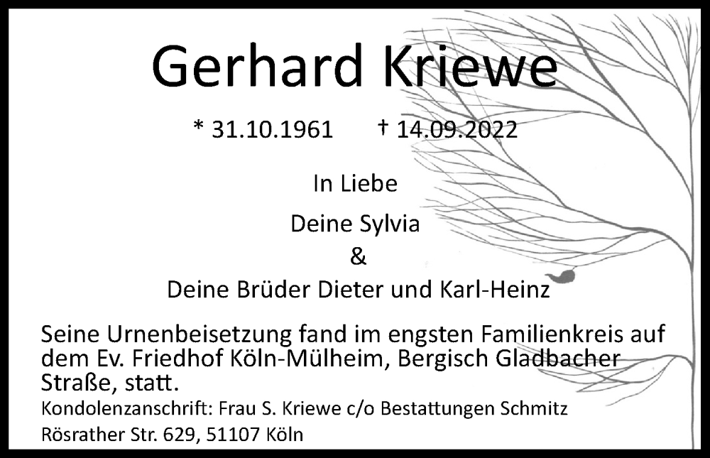  Traueranzeige für Gerhard Kriewe vom 24.09.2022 aus Kölner Stadt-Anzeiger / Kölnische Rundschau / Express
