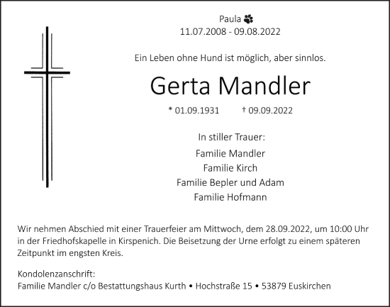 Anzeige von Gerta Mandler von  Blickpunkt Euskirchen 