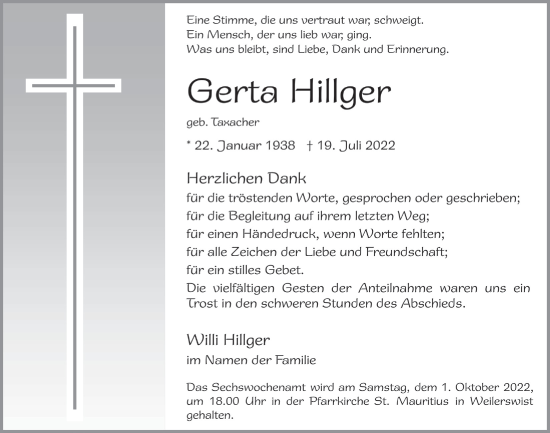 Anzeige von Gerte Hillger von  Blickpunkt Euskirchen 