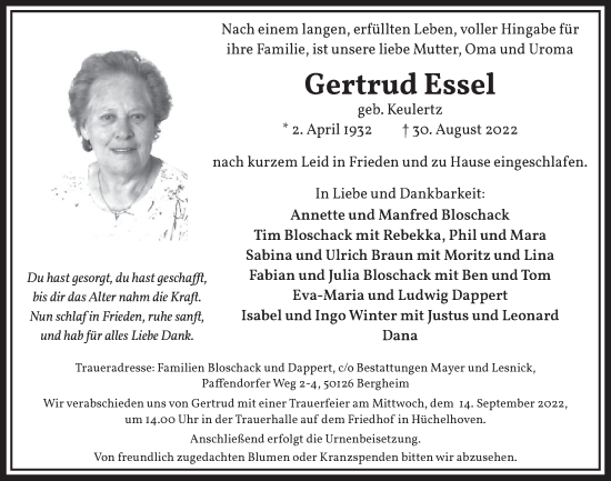 Anzeige von Gertrud Essel von  Werbepost 