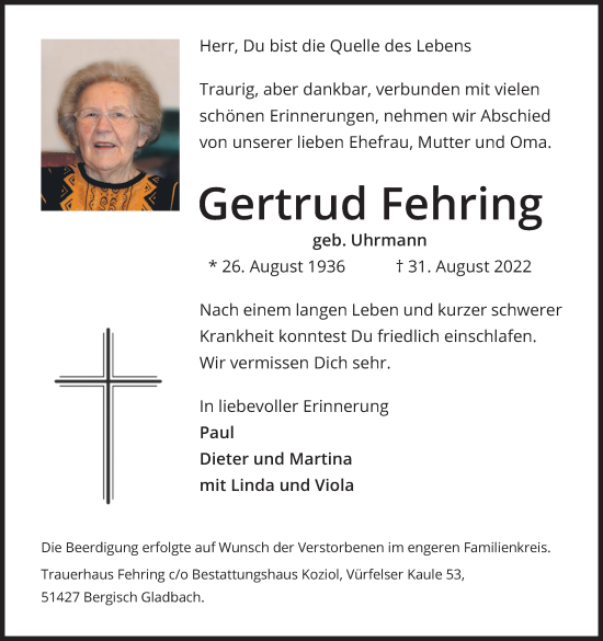Anzeige von Gertrud Fehring von Kölner Stadt-Anzeiger / Kölnische Rundschau / Express