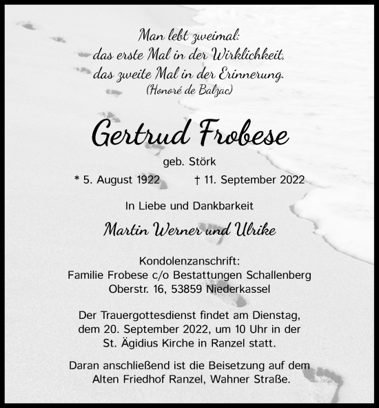 Anzeige von Gertrud Frobese von Kölner Stadt-Anzeiger / Kölnische Rundschau / Express