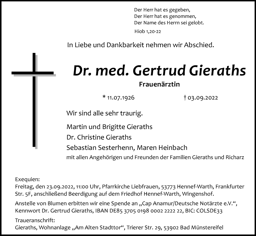  Traueranzeige für Gertrud Gieraths vom 10.09.2022 aus Kölner Stadt-Anzeiger / Kölnische Rundschau / Express