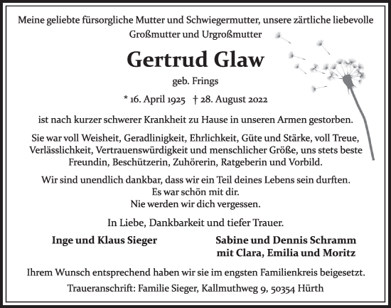 Anzeige von Gertrud Glaw von  Wochenende 
