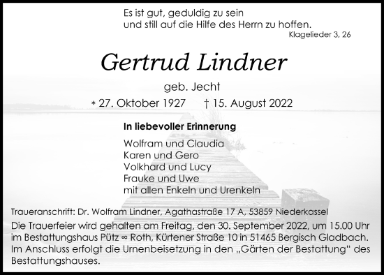 Anzeige von Gertrud Lindner von  Anzeigen Echo 