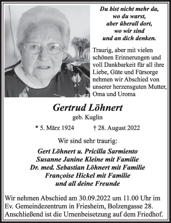 Anzeige von Gertrud Löhnert von  Werbepost 