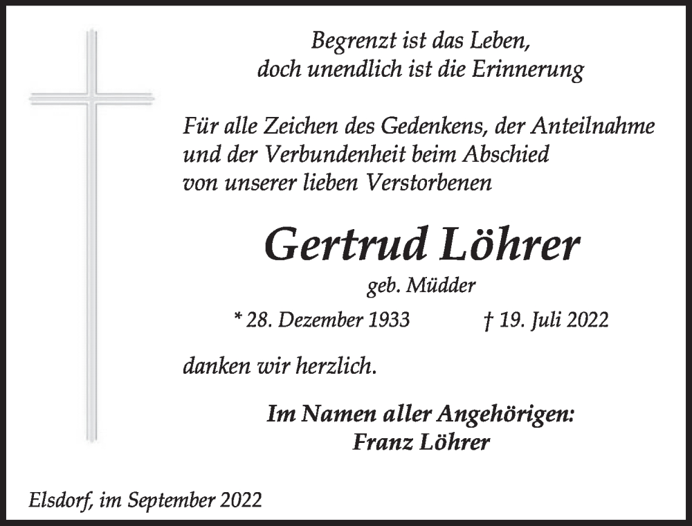  Traueranzeige für Gertrud Löhrer vom 16.09.2022 aus  Werbepost 