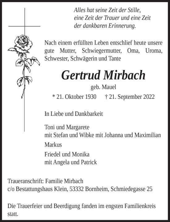 Anzeige von Gertrud Mirbach von  Schaufenster/Blickpunkt 