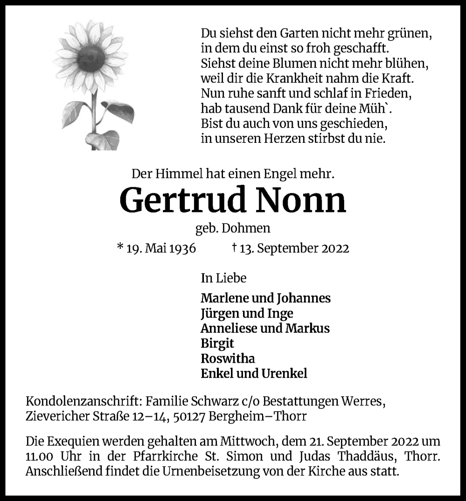  Traueranzeige für Gertrud Nonn vom 16.09.2022 aus Kölner Stadt-Anzeiger / Kölnische Rundschau / Express