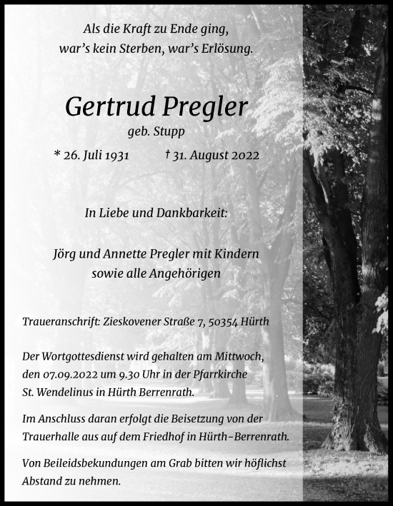 Anzeige von Gertrud Pregler von Kölner Stadt-Anzeiger / Kölnische Rundschau / Express