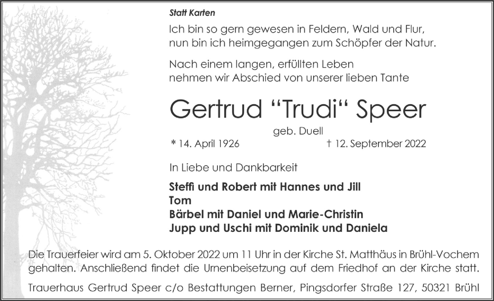  Traueranzeige für Gertrud  Speer vom 23.09.2022 aus  Schlossbote/Werbekurier 