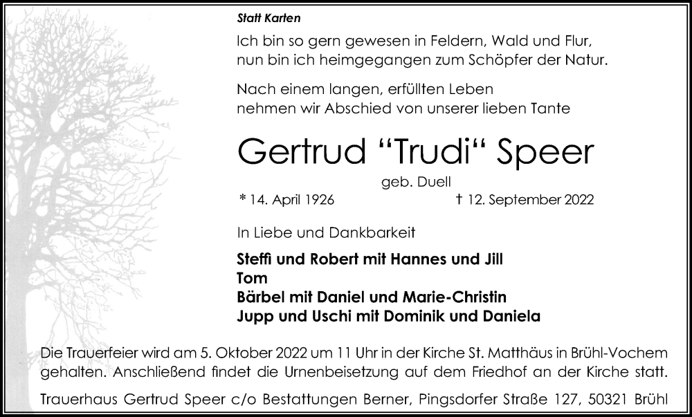  Traueranzeige für Gertrud  Speer vom 24.09.2022 aus Kölner Stadt-Anzeiger / Kölnische Rundschau / Express