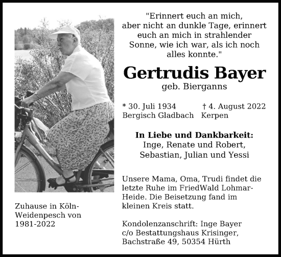 Anzeige von Gertrudis Bayer von Kölner Stadt-Anzeiger / Kölnische Rundschau / Express
