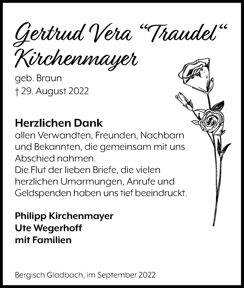  Traueranzeige für Gertrud Vera Kirchenmayer vom 24.09.2022 aus Kölner Stadt-Anzeiger / Kölnische Rundschau / Express