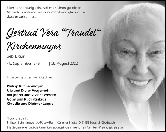 Anzeige von Gertrud Vera Kirchenmayer von Kölner Stadt-Anzeiger / Kölnische Rundschau / Express
