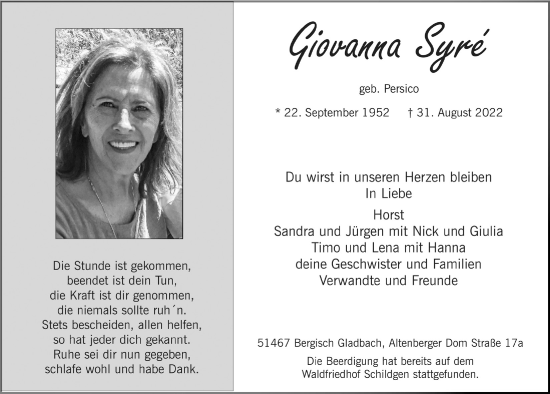 Anzeige von Giovanna Syre von  Bergisches Handelsblatt 