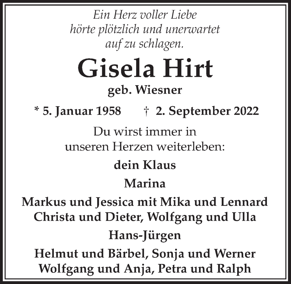  Traueranzeige für Gisela Hirt vom 16.09.2022 aus  Werbepost 