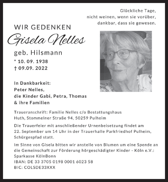 Anzeige von Gisela Nelles von  Wochenende 