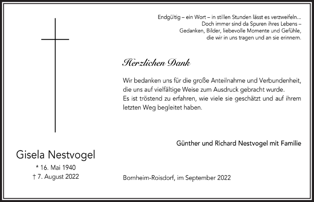  Traueranzeige für Gisela Nestvogel vom 09.09.2022 aus  Schaufenster/Blickpunkt 