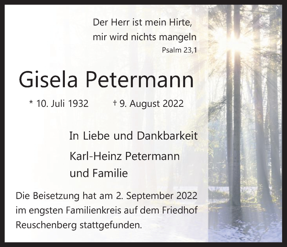  Traueranzeige für Gisela Petermann vom 03.09.2022 aus Kölner Stadt-Anzeiger / Kölnische Rundschau / Express