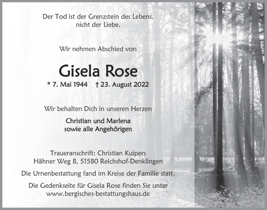 Anzeige von Gisela Rose von  Lokalanzeiger 