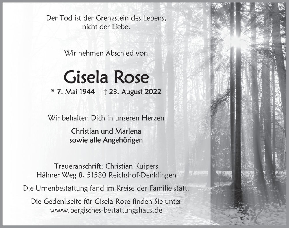  Traueranzeige für Gisela Rose vom 02.09.2022 aus  Lokalanzeiger 