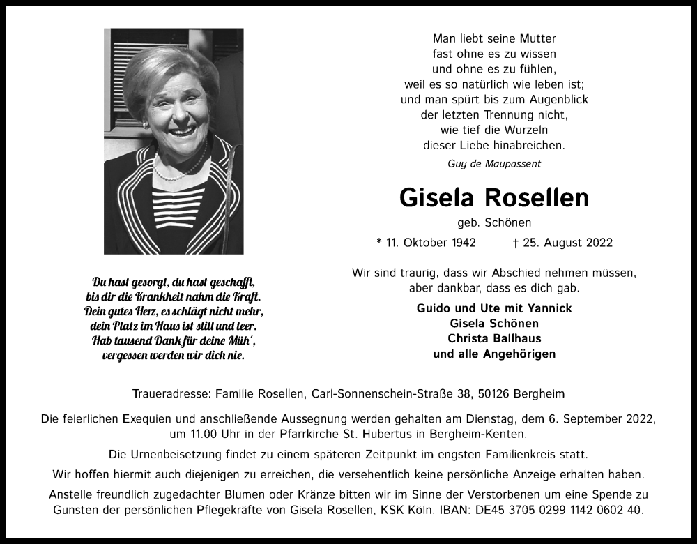  Traueranzeige für Gisela Rosellen vom 03.09.2022 aus Kölner Stadt-Anzeiger / Kölnische Rundschau / Express