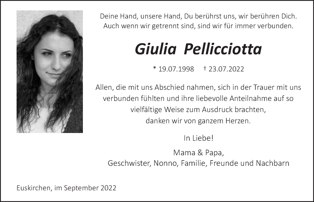  Traueranzeige für Giulia Pellicciotta vom 03.09.2022 aus  Blickpunkt Euskirchen 