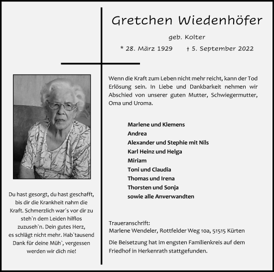 Anzeige von Gretchen Wiedenhöfer von Kölner Stadt-Anzeiger / Kölnische Rundschau / Express