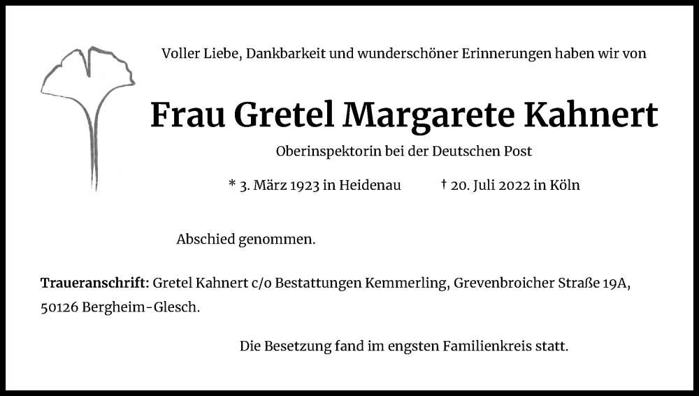  Traueranzeige für Gretel Margarete Kahnert vom 10.09.2022 aus Kölner Stadt-Anzeiger / Kölnische Rundschau / Express