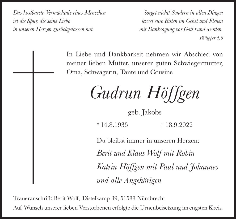  Traueranzeige für Gudrun Höffgen vom 30.09.2022 aus  Lokalanzeiger 