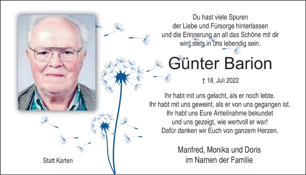  Traueranzeige für Günter Barion vom 09.09.2022 aus  Bergisches Handelsblatt 