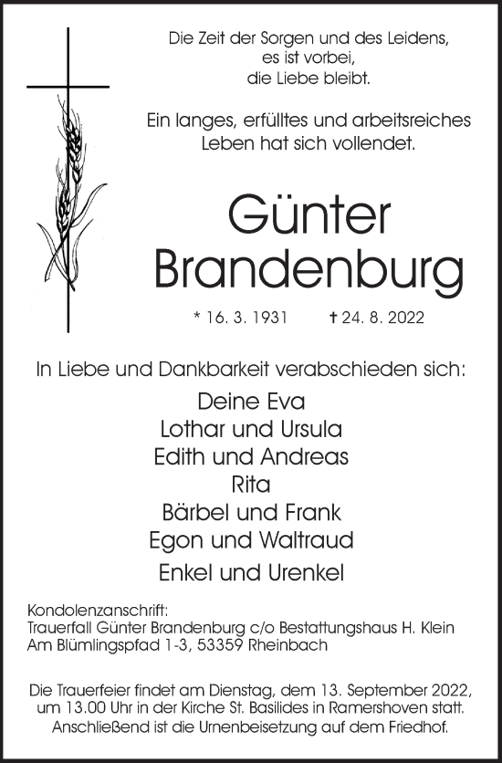 Anzeige von Günter Brandenburg von  Schaufenster/Blickpunkt 