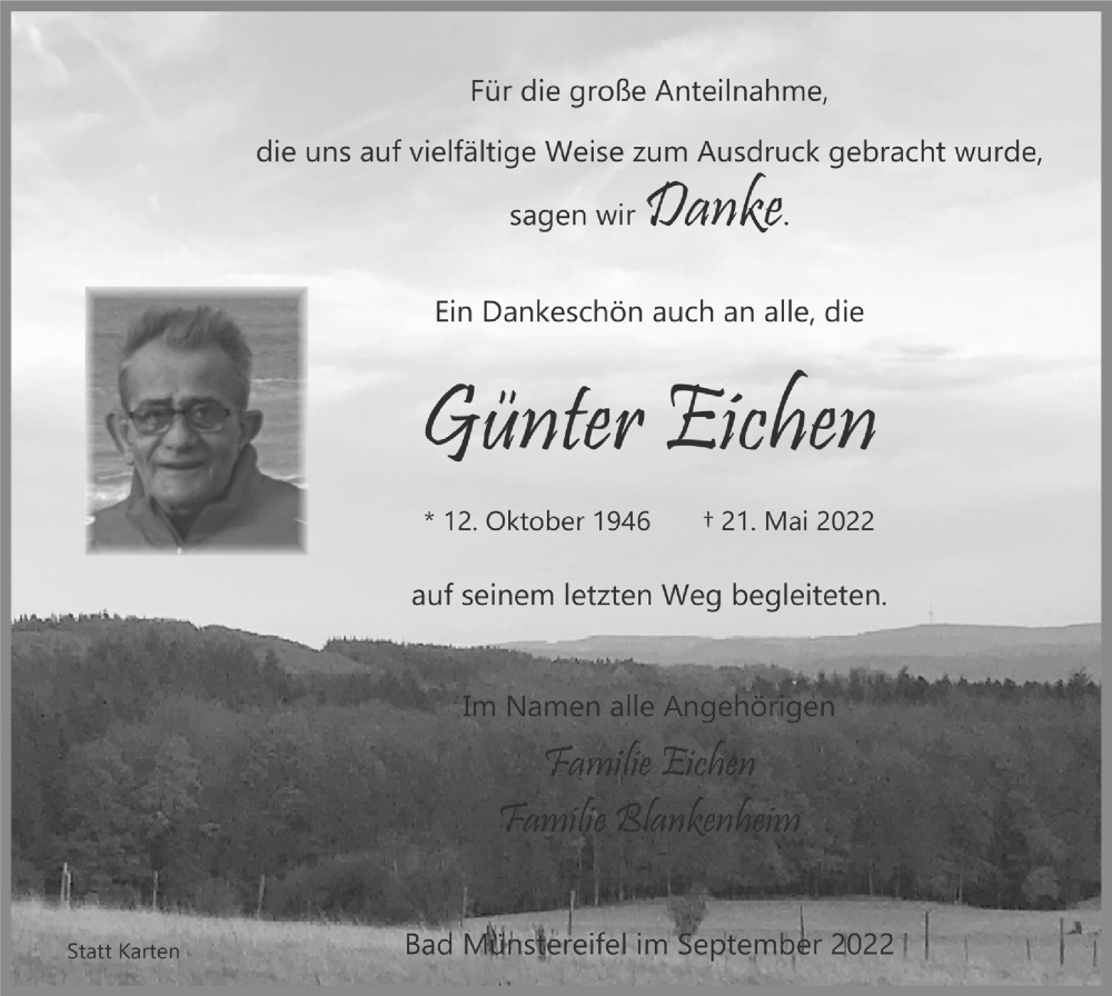  Traueranzeige für Günter Eichen vom 03.09.2022 aus  Blickpunkt Euskirchen 