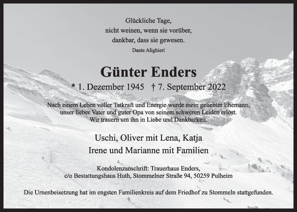  Traueranzeige für Günter Enders vom 23.09.2022 aus  Wochenende 
