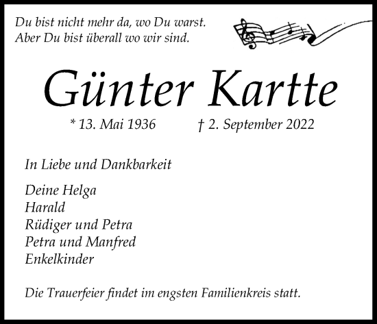 Anzeige von Günter Kartte von Kölner Stadt-Anzeiger / Kölnische Rundschau / Express