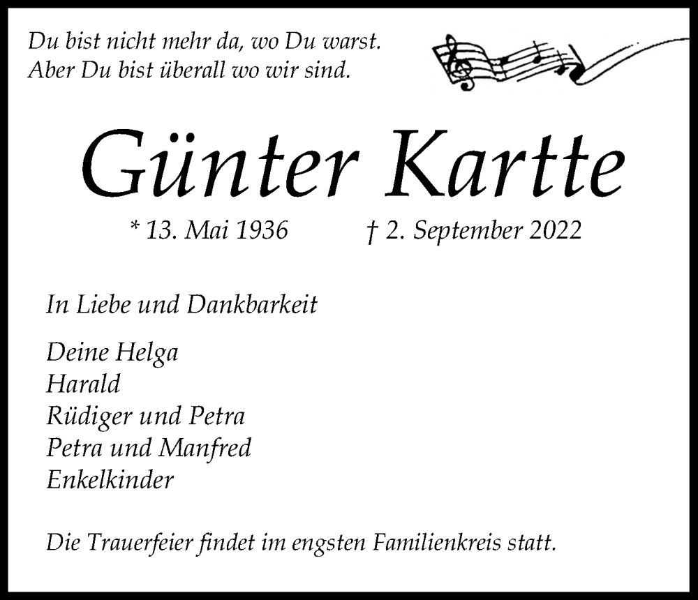  Traueranzeige für Günter Kartte vom 17.09.2022 aus Kölner Stadt-Anzeiger / Kölnische Rundschau / Express