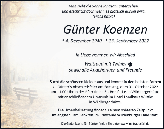 Anzeige von Günter Koenzen von  Lokalanzeiger 