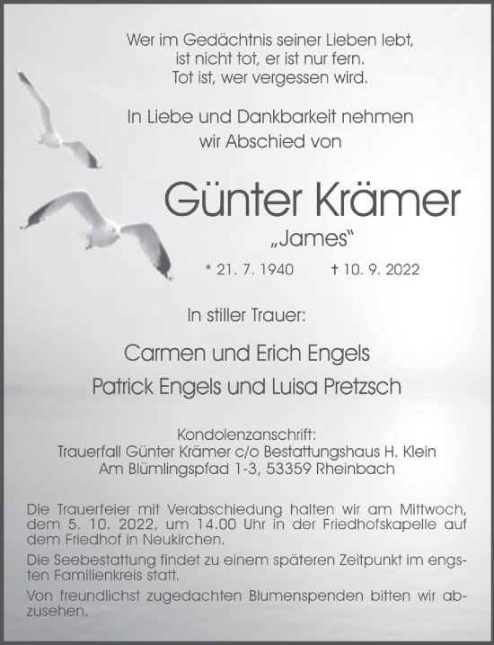 Anzeige von Günter Krämer von  Schaufenster/Blickpunkt 