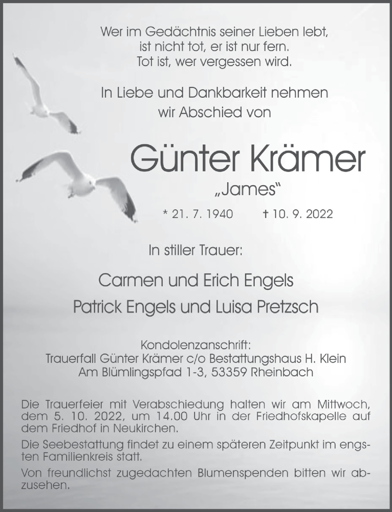  Traueranzeige für Günter Krämer vom 23.09.2022 aus  Schaufenster/Blickpunkt 