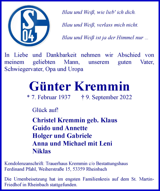 Anzeige von Günter Kremmin von  Schaufenster/Blickpunkt 