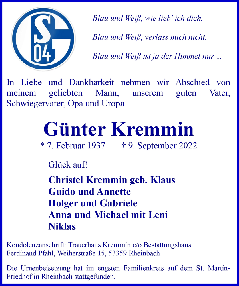  Traueranzeige für Günter Kremmin vom 23.09.2022 aus  Schaufenster/Blickpunkt 