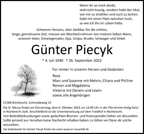 Anzeige von Günter Piecyk von  Lokalanzeiger 