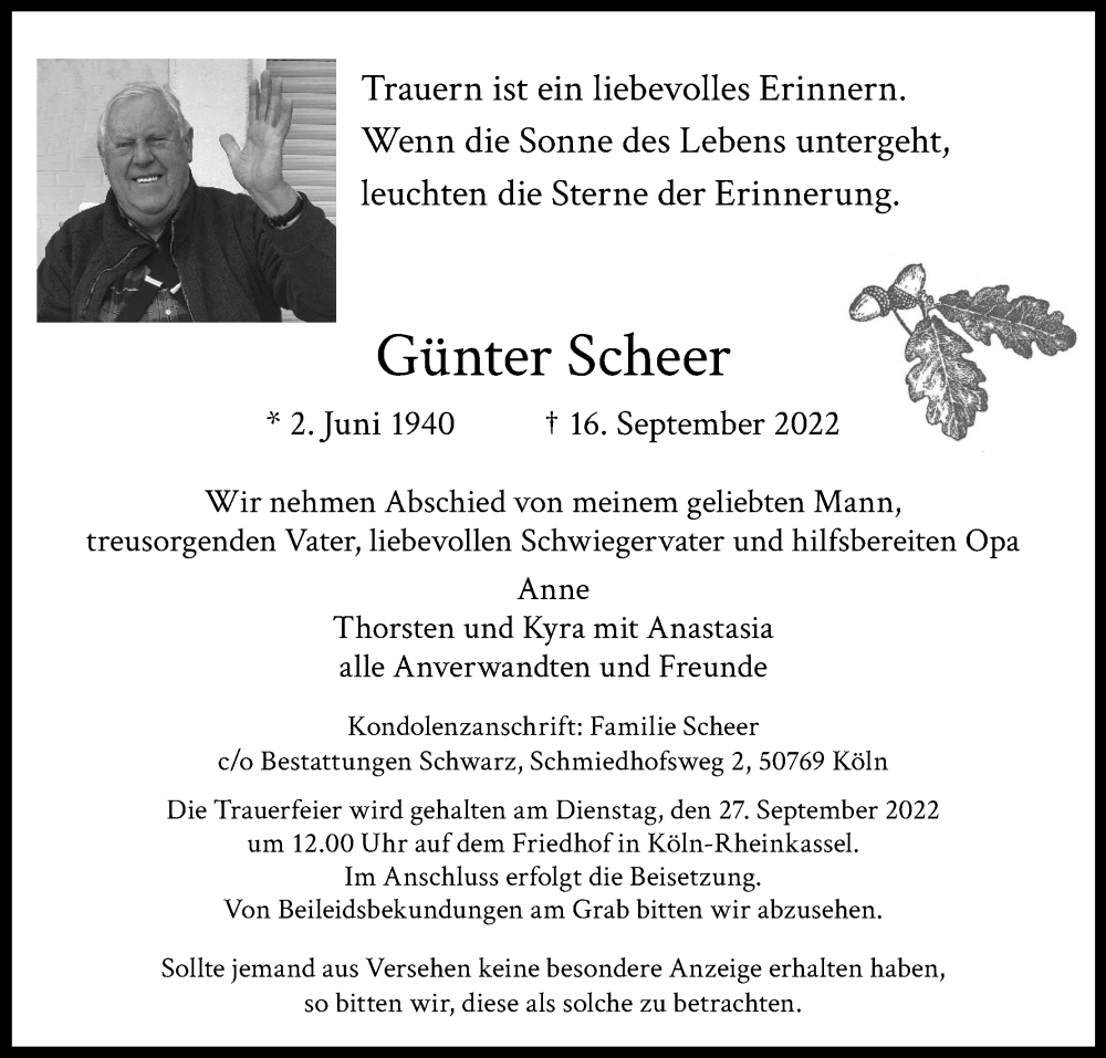  Traueranzeige für Günter Scheer vom 24.09.2022 aus Kölner Stadt-Anzeiger / Kölnische Rundschau / Express