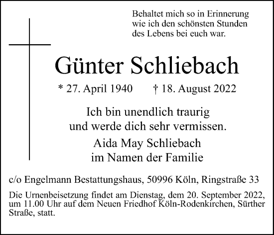 Anzeige von Günter Schliebach von Kölner Stadt-Anzeiger / Kölnische Rundschau / Express