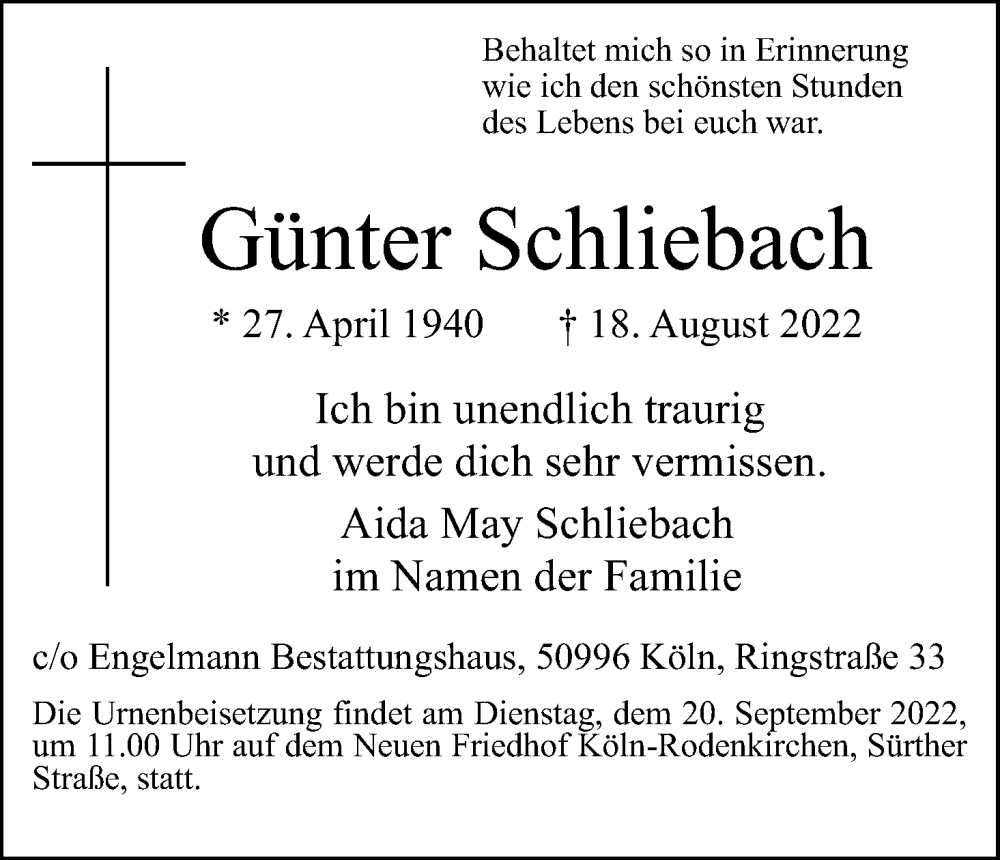  Traueranzeige für Günter Schliebach vom 10.09.2022 aus Kölner Stadt-Anzeiger / Kölnische Rundschau / Express