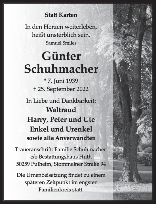 Anzeige von Günter Schuhmacher von  Wochenende 