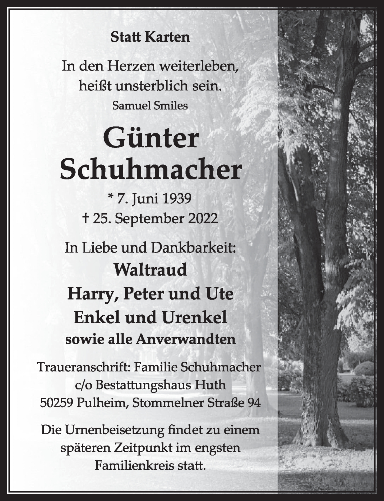  Traueranzeige für Günter Schuhmacher vom 30.09.2022 aus  Wochenende 
