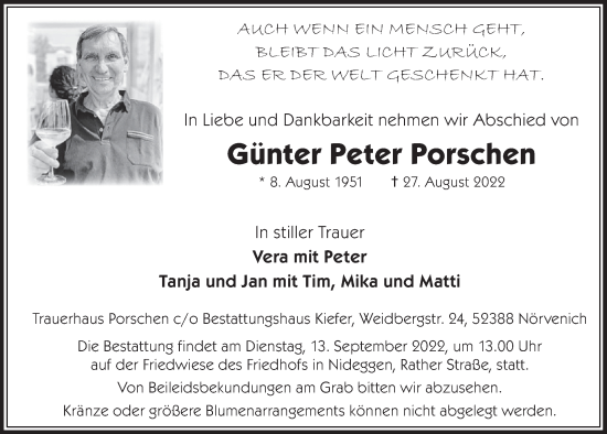 Anzeige von Günter Peter Porschen von  Wochenende 