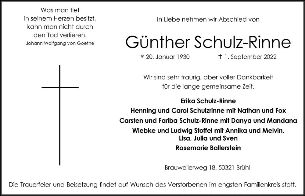  Traueranzeige für Günther Schulz-Rinne vom 09.09.2022 aus  Schlossbote/Werbekurier 